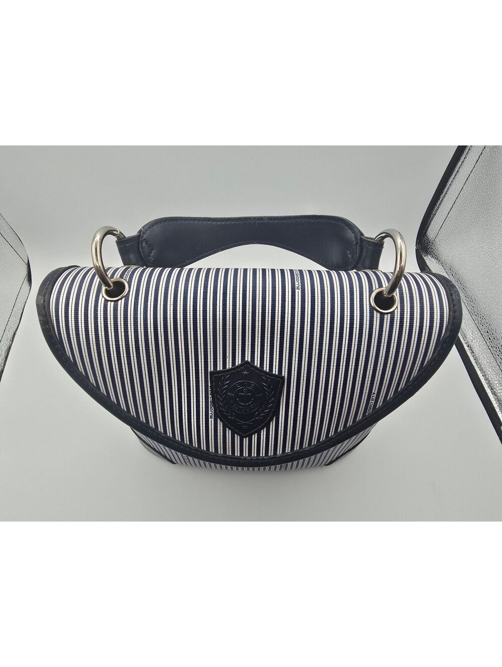 Vintage LIZ by Liz Claiborne Navy & White Striped Faux Leather Nautical Handbag - Picture 14 of 14